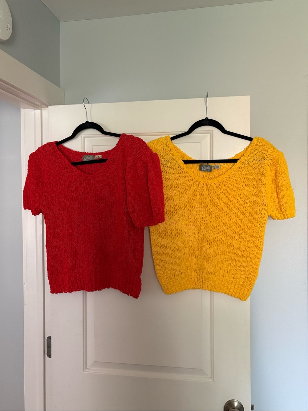 80’s Bright Red and Yellow Short-Sleeve Knit Sweaters w:shoulder pads